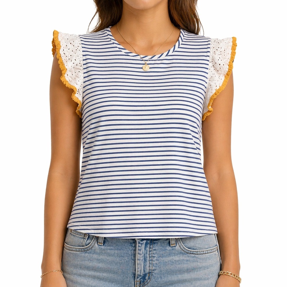 THML Blue White Stripe Eyelet Ruffle Flutter Sleeve Top Women's Small NWOT